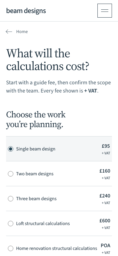 Current Beam Designs mobile pricing page, showing the guide-fee list.