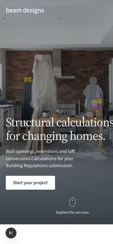 Current Beam Designs mobile homepage at 390 by 844 pixels, with visible headline clipping.